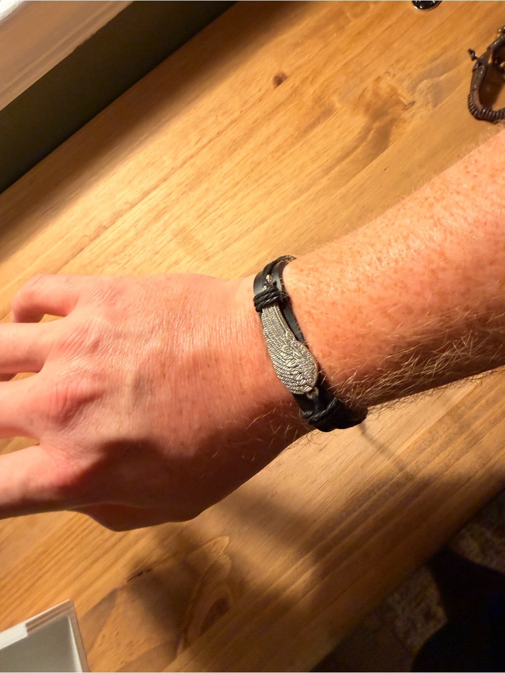 Men's Black Leather Braided Bracelet with Silver feather Accent - Picture 1 of 3